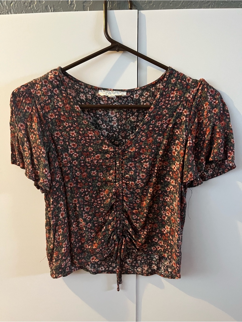 Hippie Rose Black Floral Ruched Drawstring Crop Top